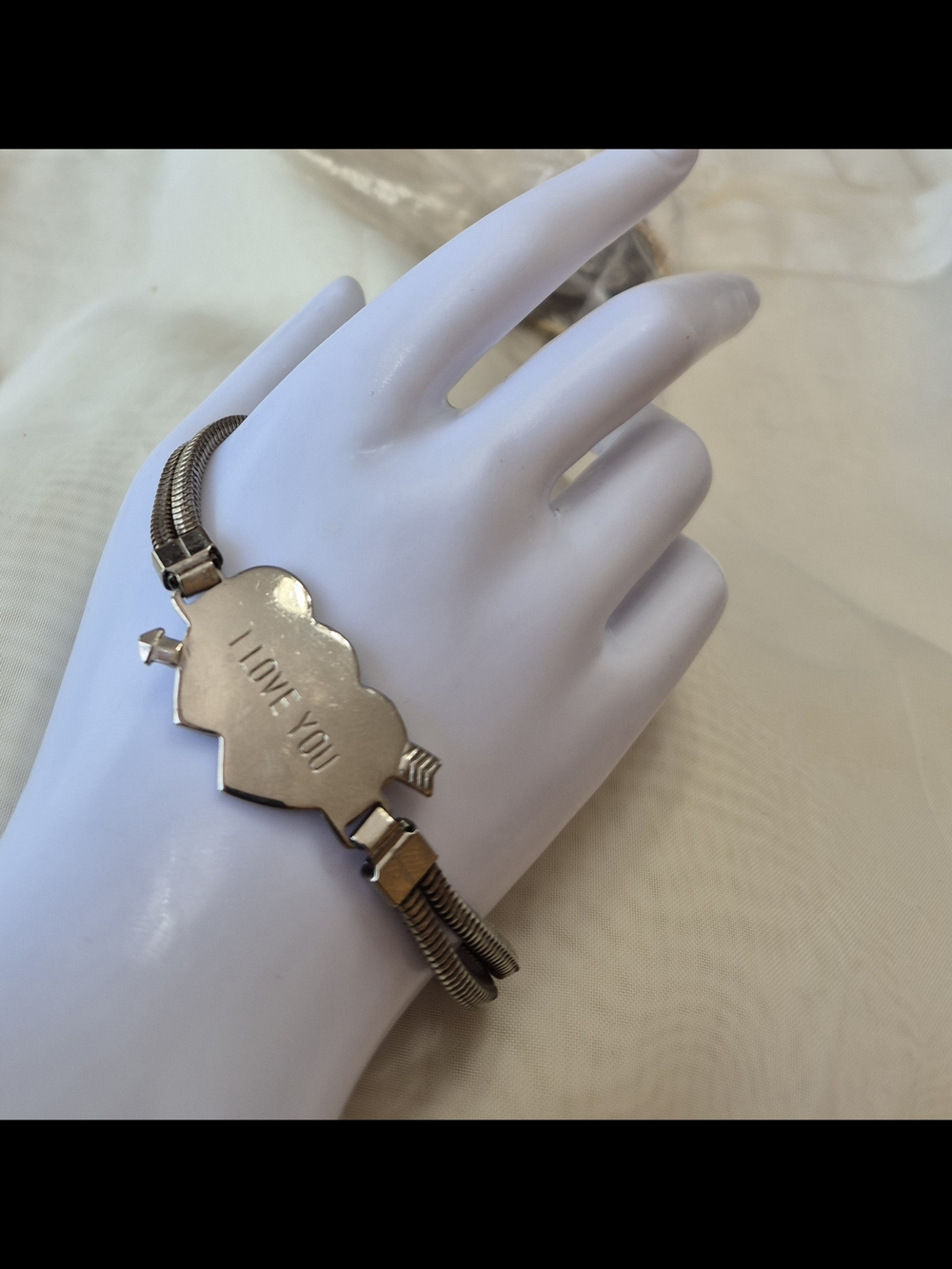 Vintage Silver-Tone 'I LOVE YOU' Double Heart ID Bracelet